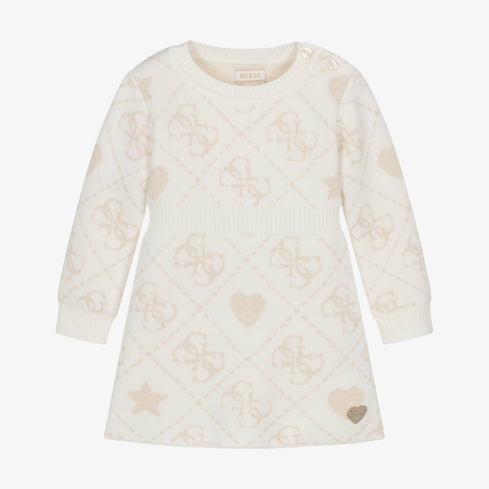 Guess-Baby Girls Ivory & Gold 4g Logo Knitted Dress | Childrensalon