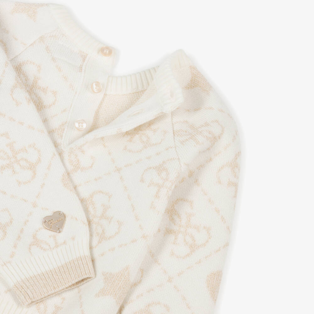 Guess-Baby Girls Ivory & Gold 4g Logo Knitted Trouser Set | Childrensalon
