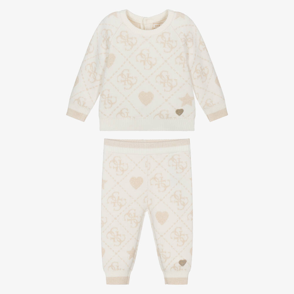 Guess-Baby Girls Ivory & Gold 4g Logo Knitted Trouser Set | Childrensalon
