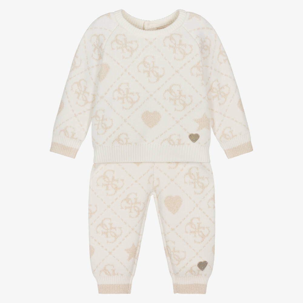 Guess-Baby Girls Ivory & Gold 4g Logo Knitted Trouser Set | Childrensalon