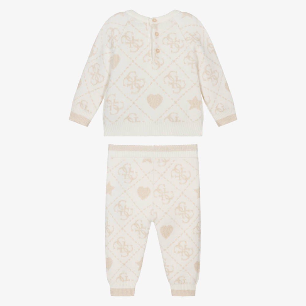 Guess-Baby Girls Ivory & Gold 4g Logo Knitted Trouser Set | Childrensalon