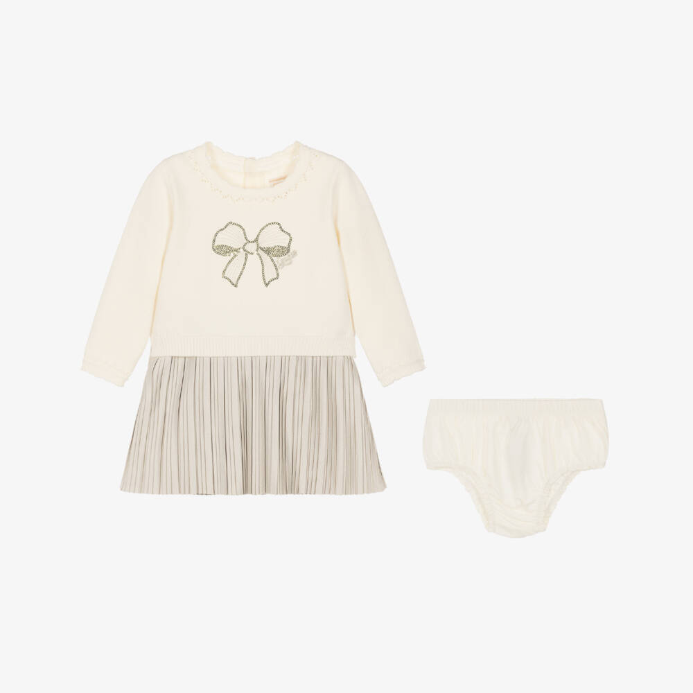 Guess-Baby Girls Ivory Knit Dress with Pleated Skirt | Childrensalon