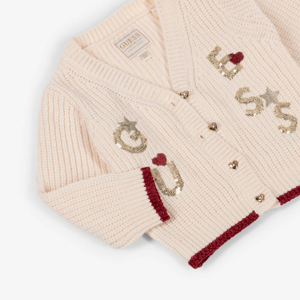 Guess-Baby Girls Ivory Knitted Cardigan with Sequin Logo | Childrensalon