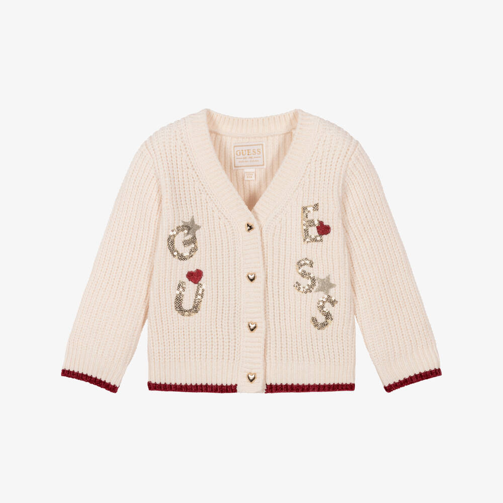 Guess-Baby Girls Ivory Knitted Cardigan with Sequin Logo | Childrensalon