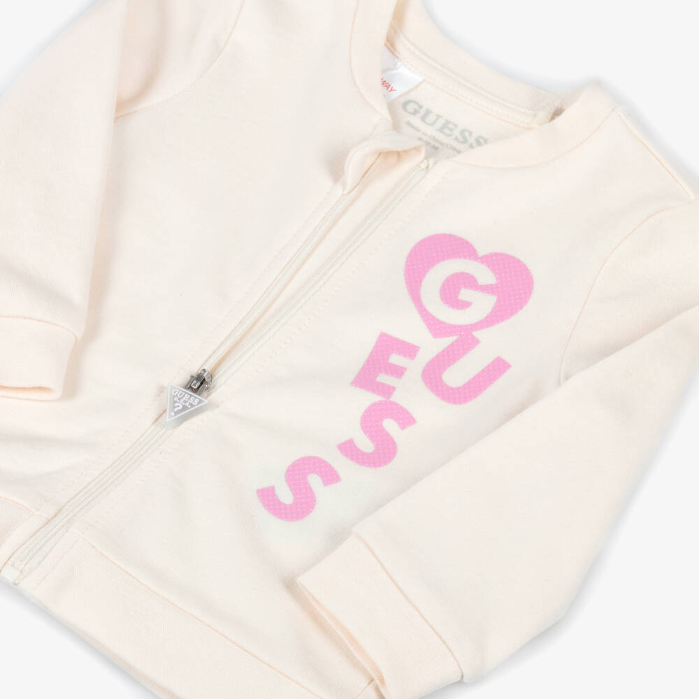 Guess-طقم رياضي قطن عضوي لون زهري وعاجي للبنات الرضع | Childrensalon