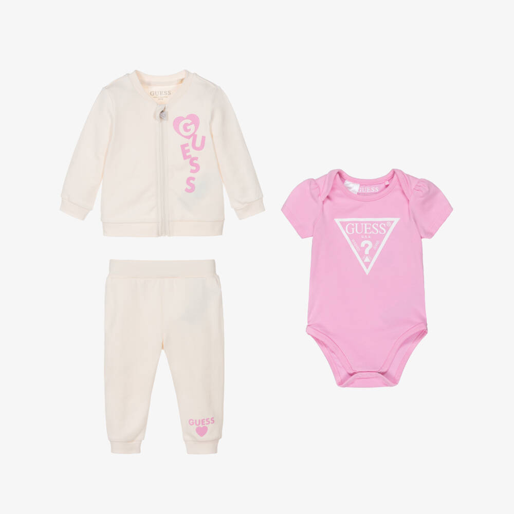 Guess-طقم رياضي قطن عضوي لون زهري وعاجي للبنات الرضع | Childrensalon