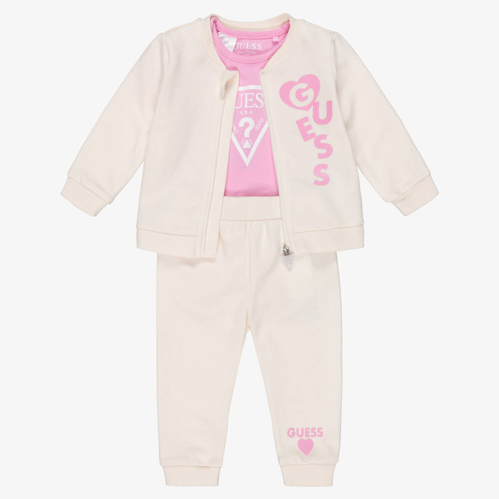Guess-Baby Girls Ivory & Pink Organic Cotton Tracksuit Set | Childrensalon