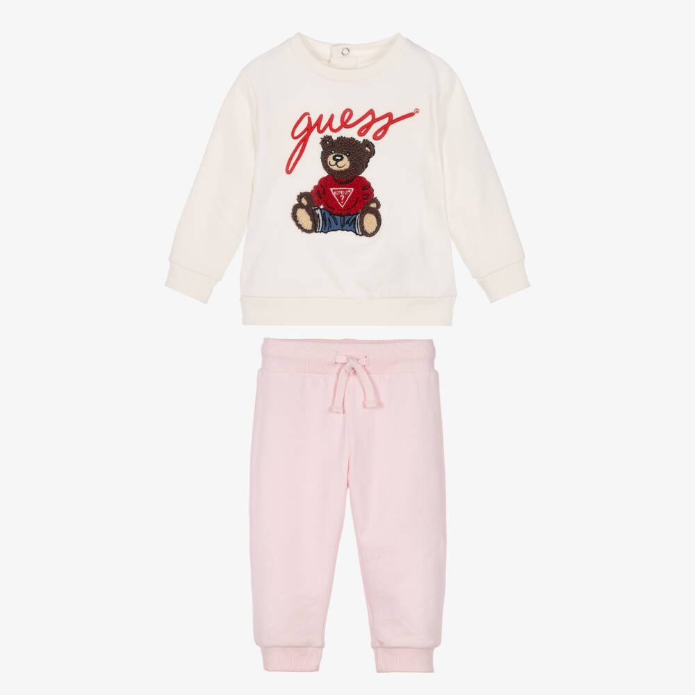 Guess-Baby Girls Ivory & Pink Trouser Set with Teddy Motif | Childrensalon