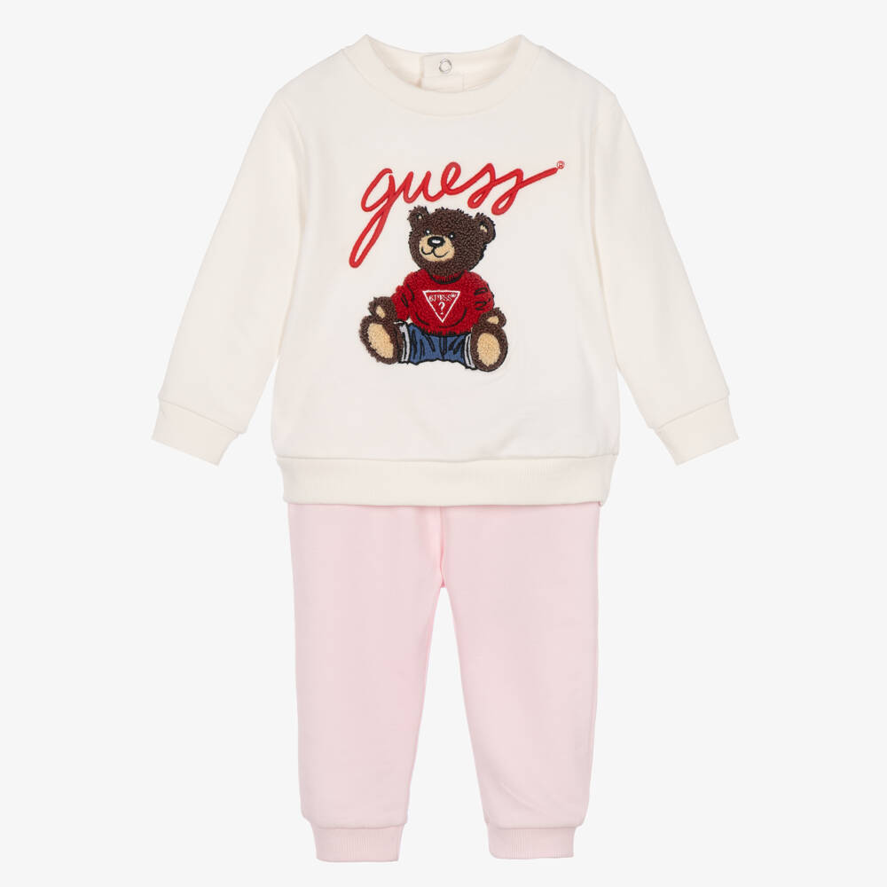 Guess-Baby Girls Ivory & Pink Trouser Set with Teddy Motif | Childrensalon