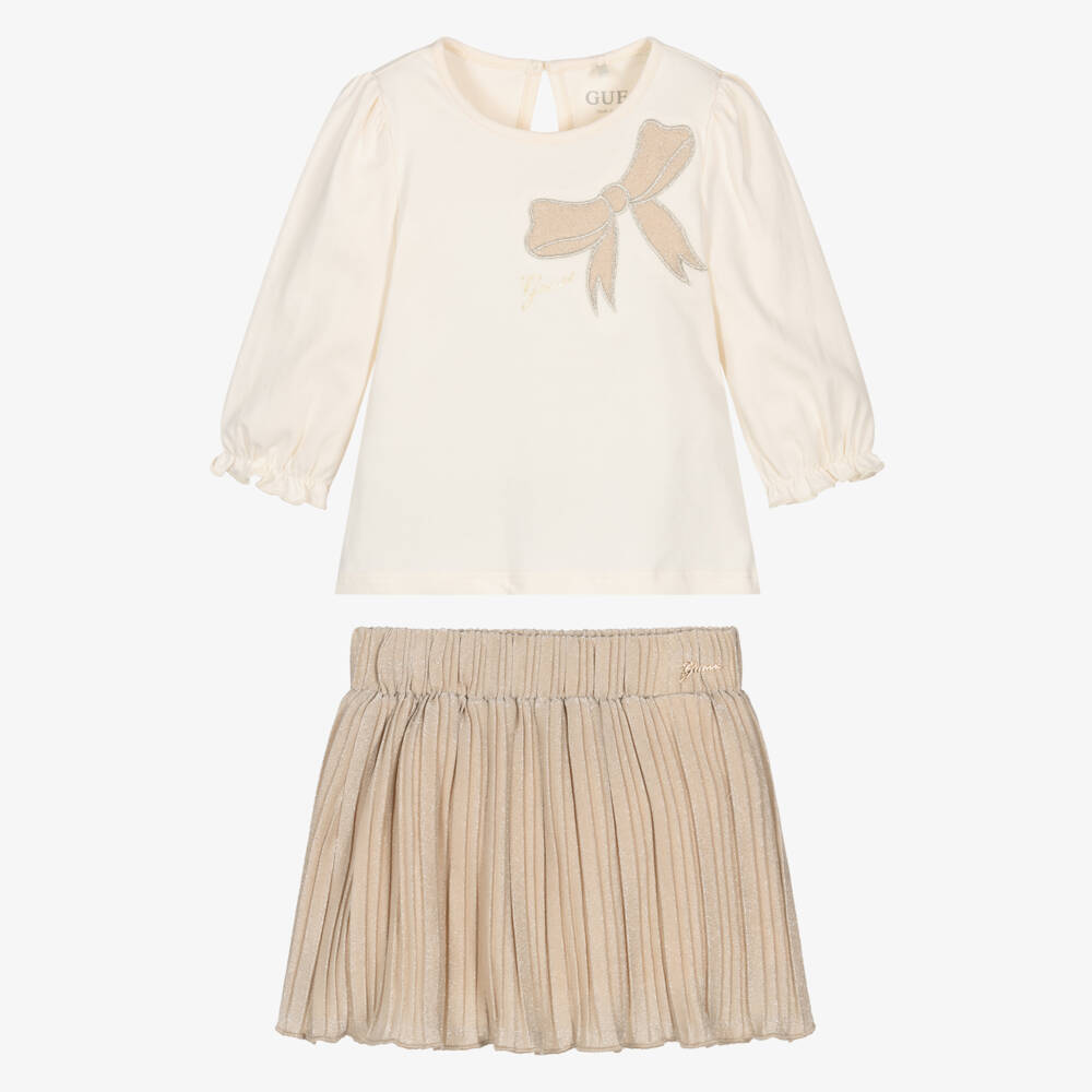 Guess-Baby Girls Ivory Top & Sparkly Beige Skirt Set | Childrensalon
