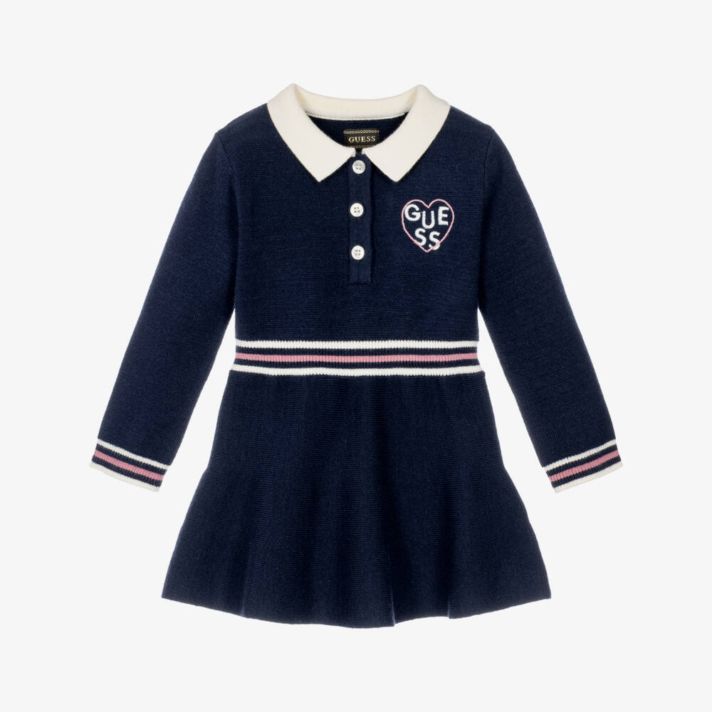 Guess-Baby Girls Navy Blue Knitted Dress with Stripes | Childrensalon