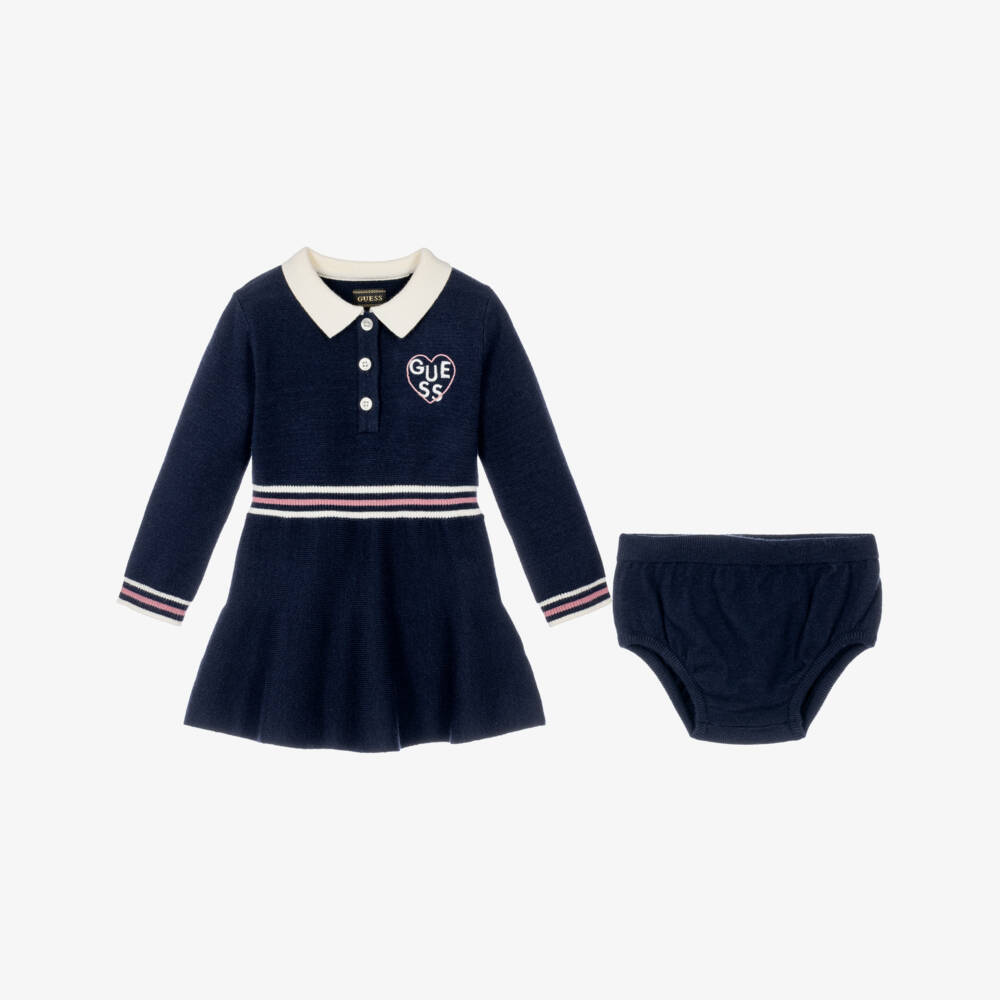 Guess-Baby Girls Navy Blue Knitted Dress with Stripes | Childrensalon