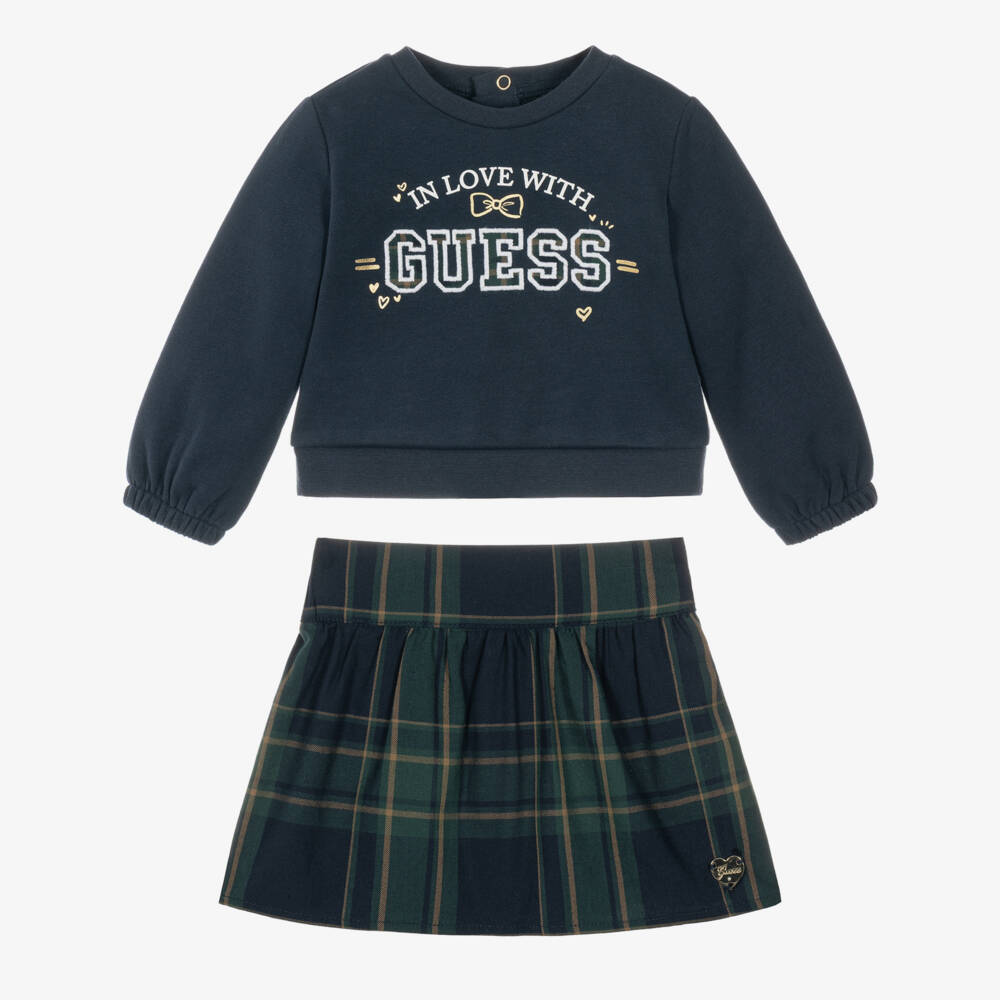 Guess-Baby Girls Navy Blue Tartan Skirt Set | Childrensalon