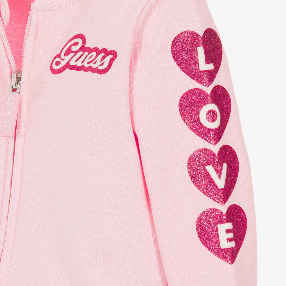 Guess-Baby Girls Pale Pink Cotton Tracksuit with Glittery Hearts | Childrensalon