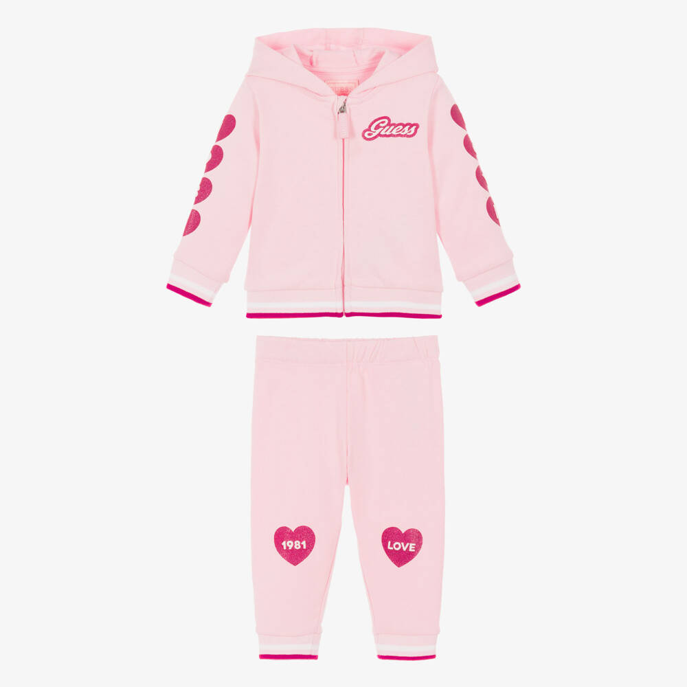 Guess-Baby Girls Pale Pink Cotton Tracksuit with Glittery Hearts | Childrensalon