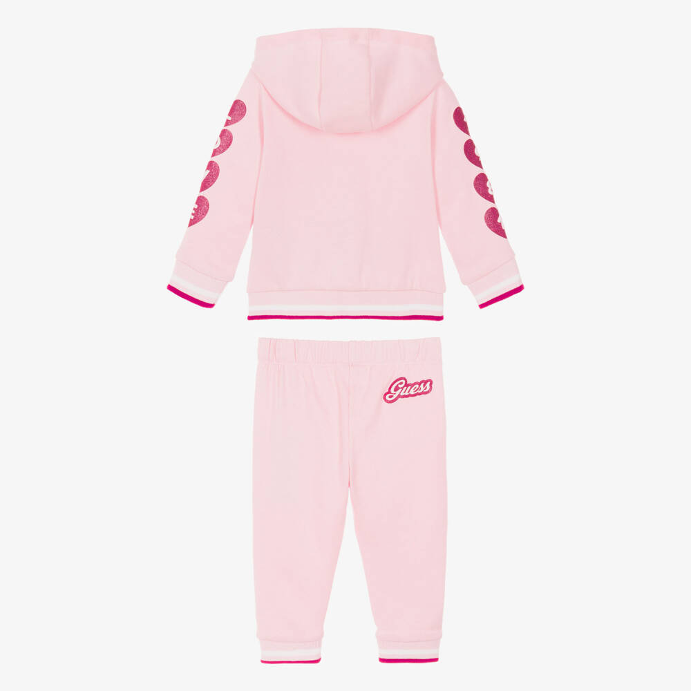 Guess-Baby Girls Pale Pink Cotton Tracksuit with Glittery Hearts | Childrensalon