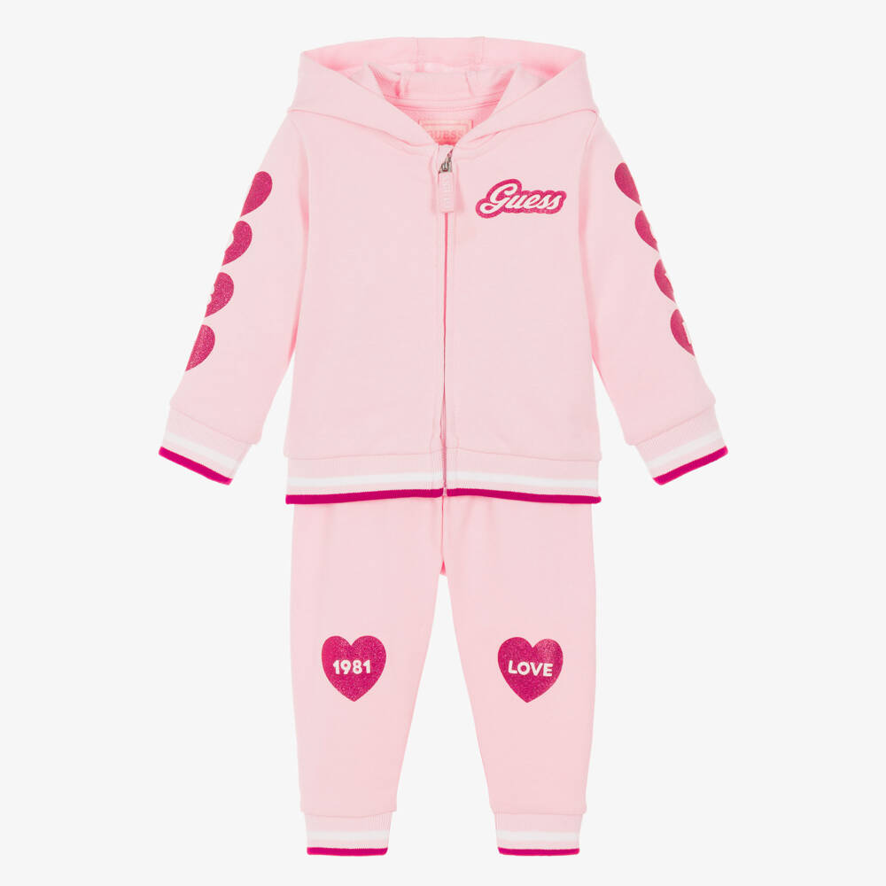 Guess-Baby Girls Pale Pink Cotton Tracksuit with Glittery Hearts | Childrensalon