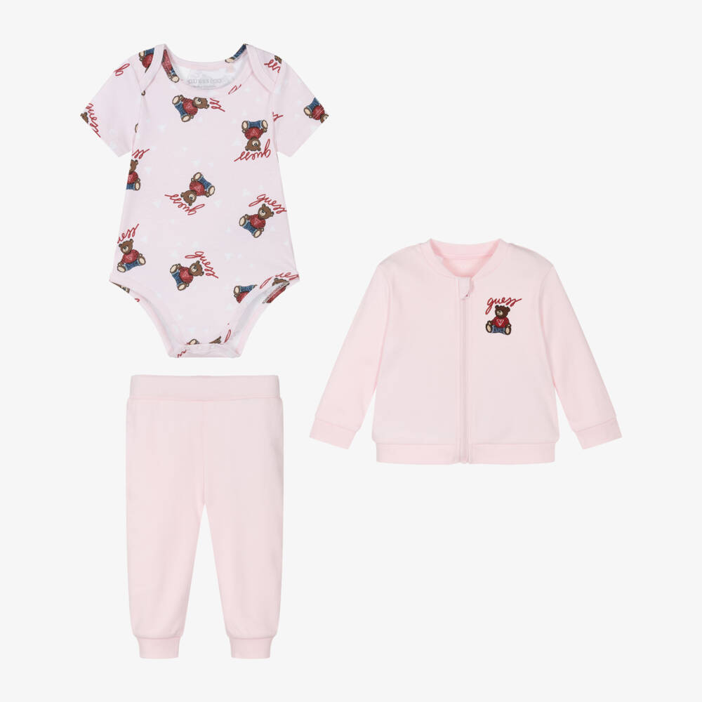 Guess-Baby Girls Pale Pink Tracksuit Set with Teddy Bear Motifs | Childrensalon