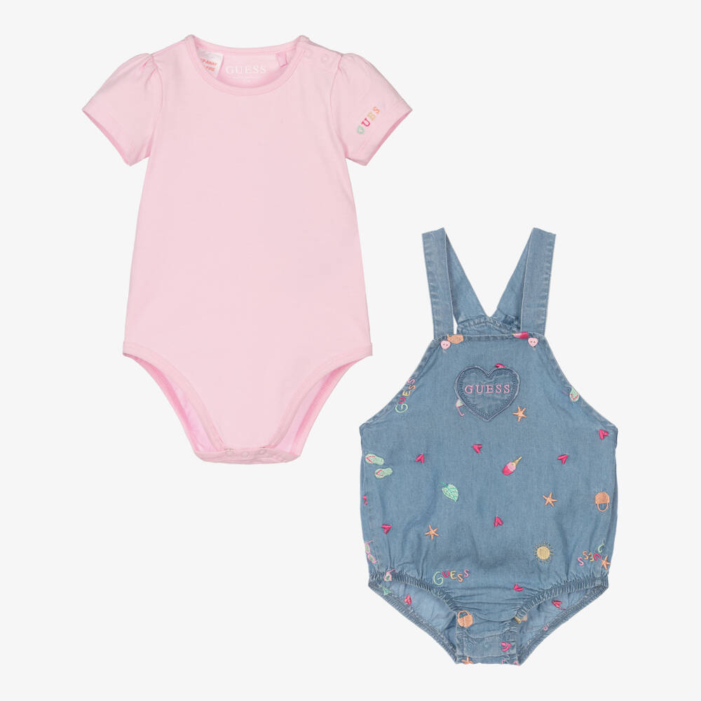 Guess-Baby Girls Pink & Blue Chambray Dungaree Set | Childrensalon