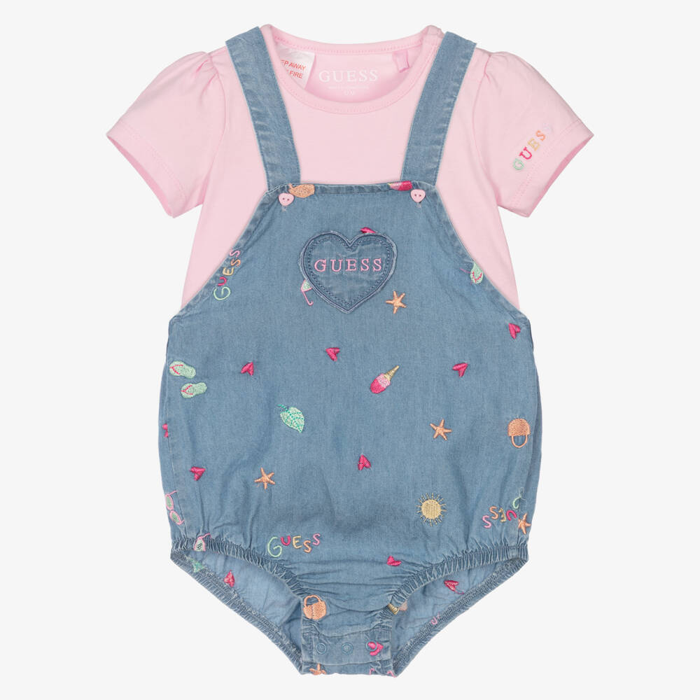 Guess-Baby Girls Pink & Blue Chambray Dungaree Set  | Childrensalon