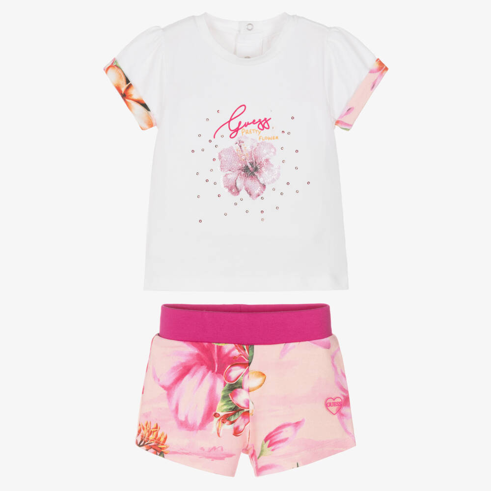 Guess-Baby Girls Pink Cotton Hibiscus & Logo Print Shorts Set | Childrensalon