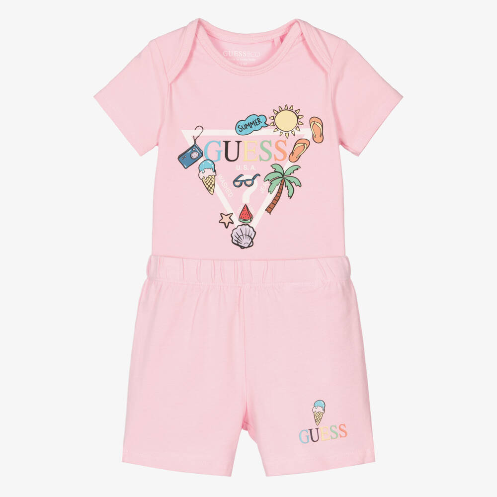 Guess-Baby Girls Pink Cotton Jersey Shorts Set | Childrensalon