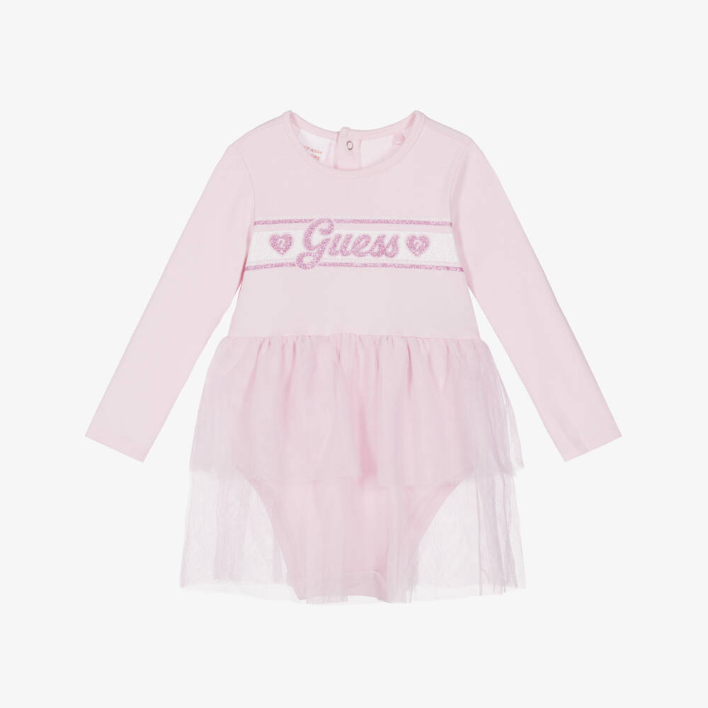 Guess-Baby Girls Pink Cotton Jersey & Tulle Dress | Childrensalon