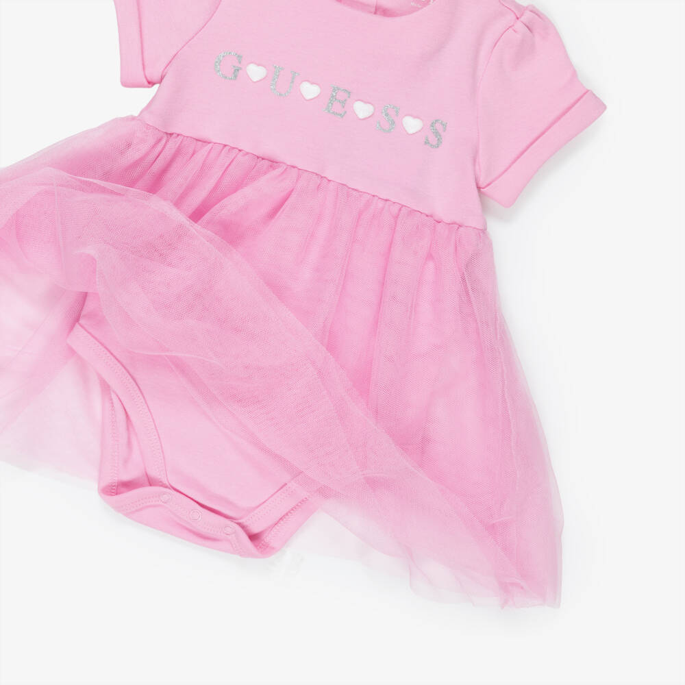 Guess-Baby Girls Pink Cotton Jersey & Tulle Onesie Dress | Childrensalon