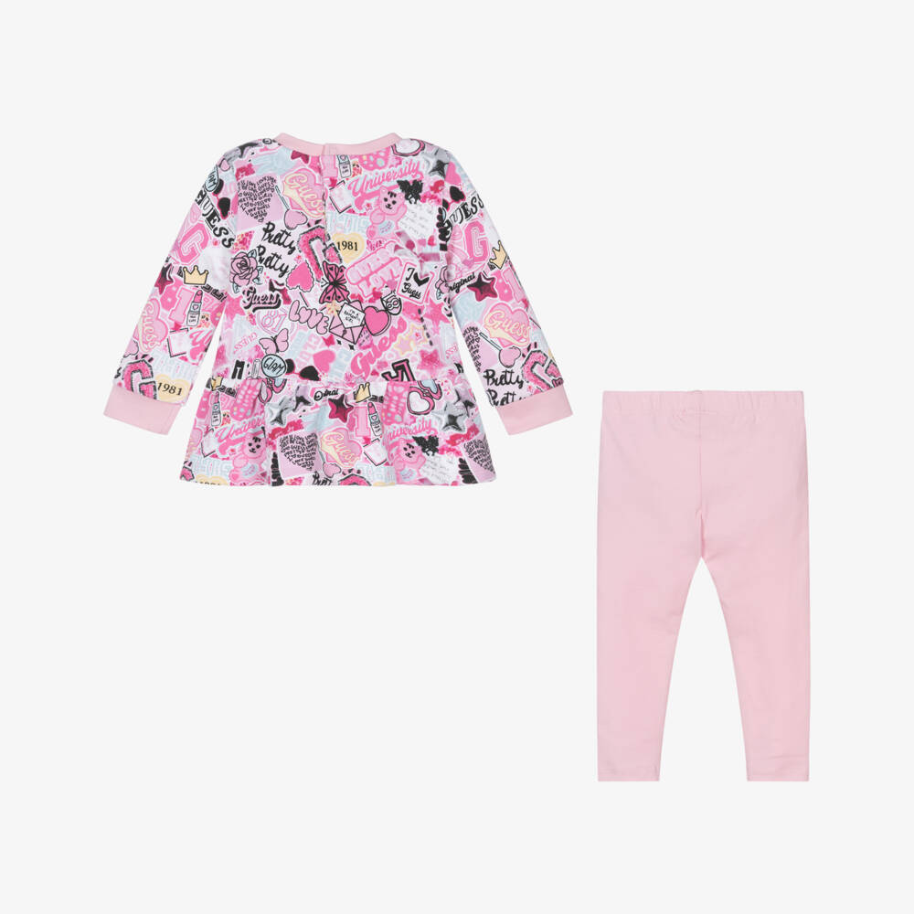 Guess-Baby Girls Pink Cotton Leggings Set with Graphic Logo Print | Childrensalon