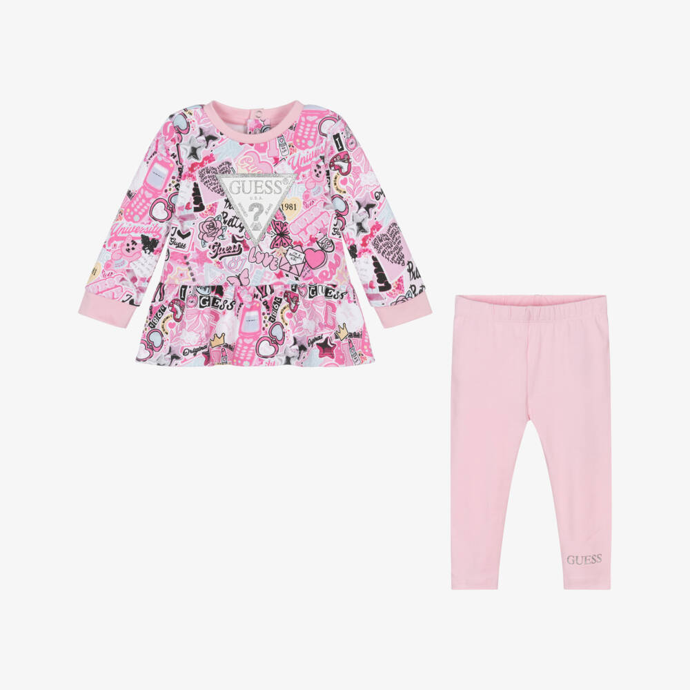 Guess-Baby Girls Pink Cotton Leggings Set with Graphic Logo Print | Childrensalon