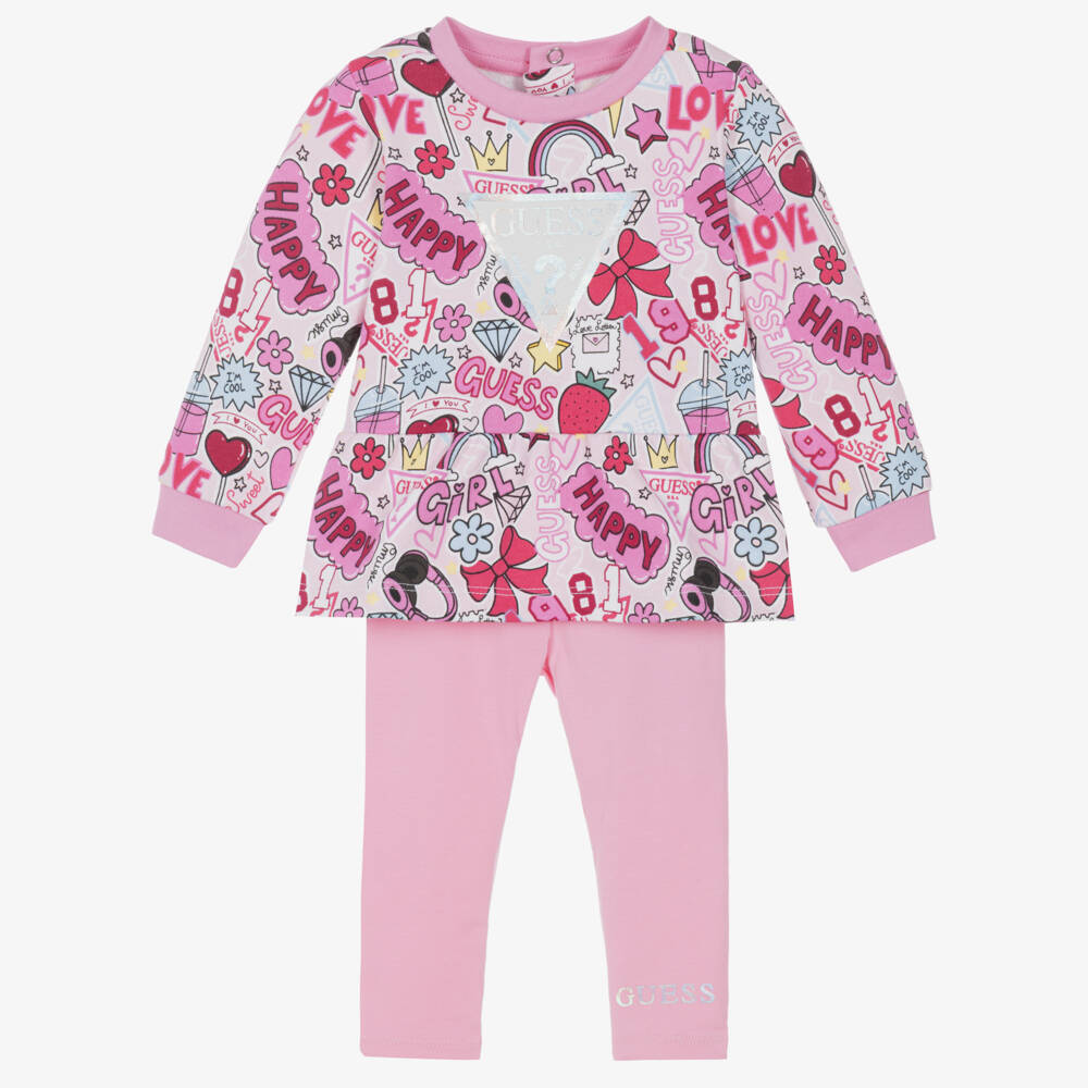 Guess-Baby Girls Pink Cotton Leggings Set with Graphic Prints | Childrensalon