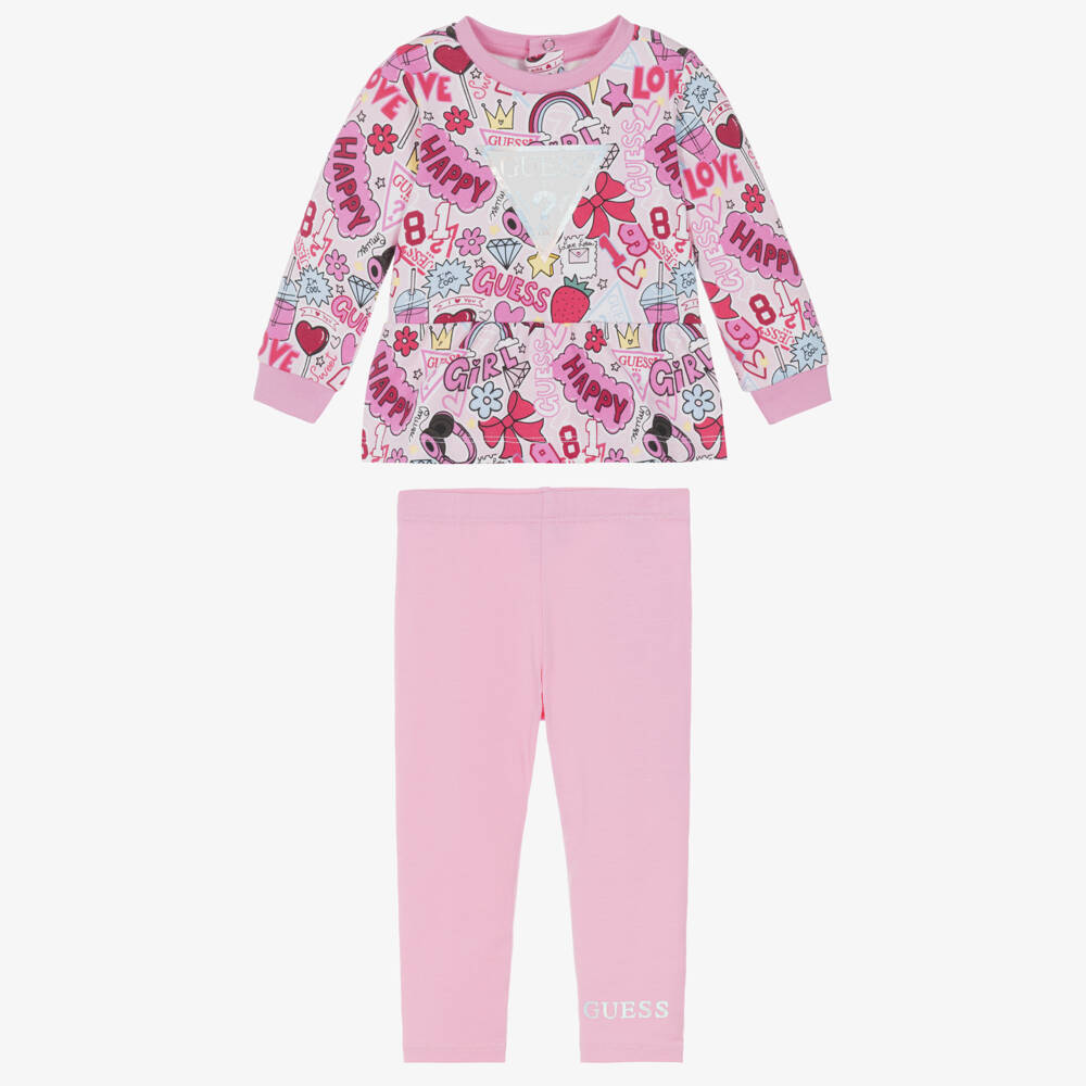 Guess-Baby Girls Pink Cotton Leggings Set with Graphic Prints | Childrensalon