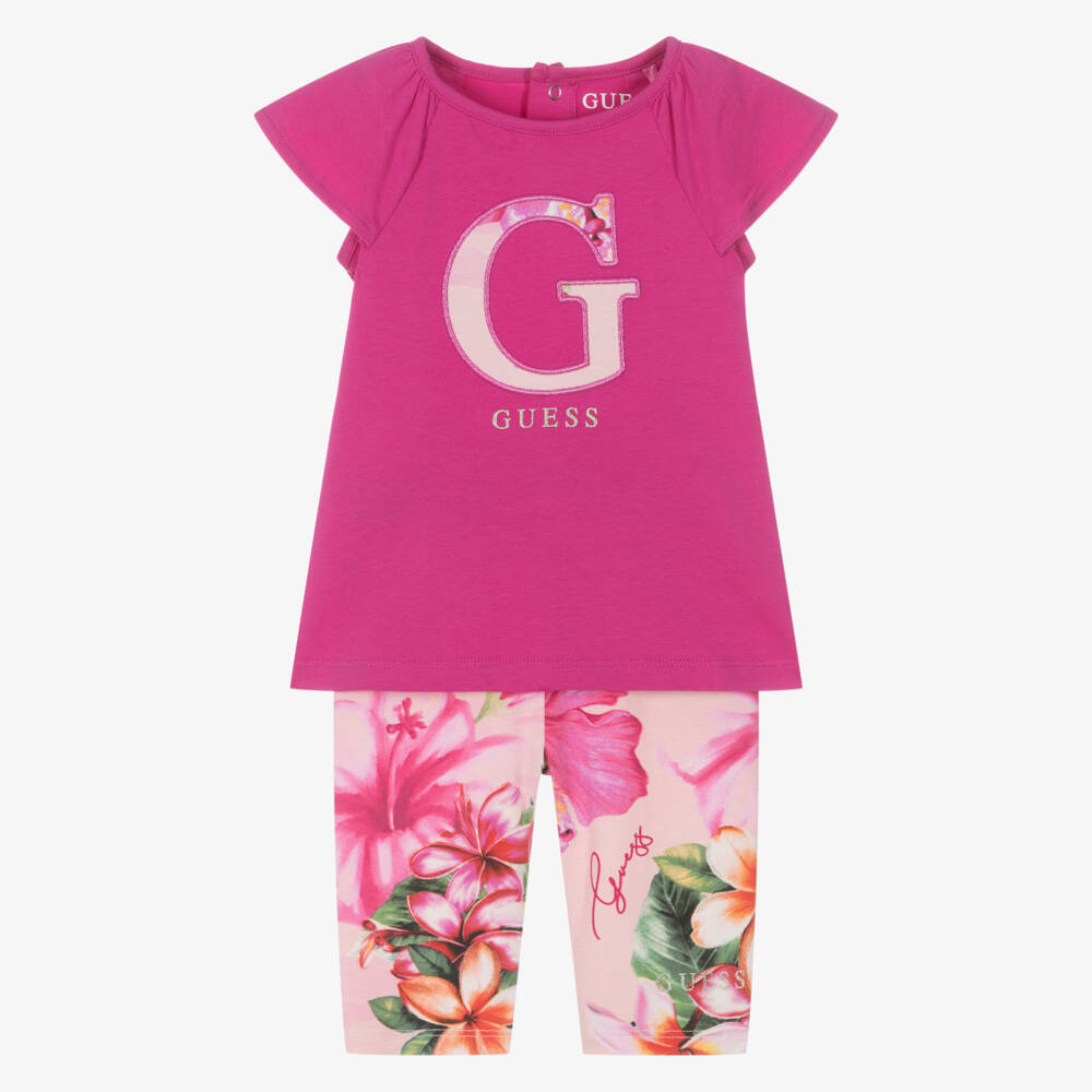 Guess-Baby Girls Pink Cotton Leggings Set with Hibiscus Print | Childrensalon