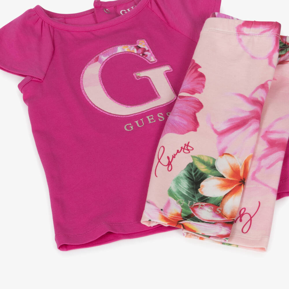 Guess-Baby Girls Pink Cotton Leggings Set with Hibiscus Print | Childrensalon