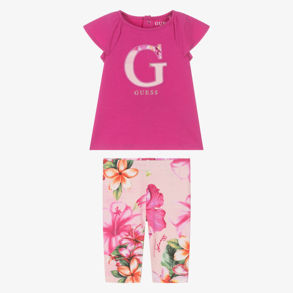 Guess-Baby Girls Pink Cotton Leggings Set with Hibiscus Print | Childrensalon