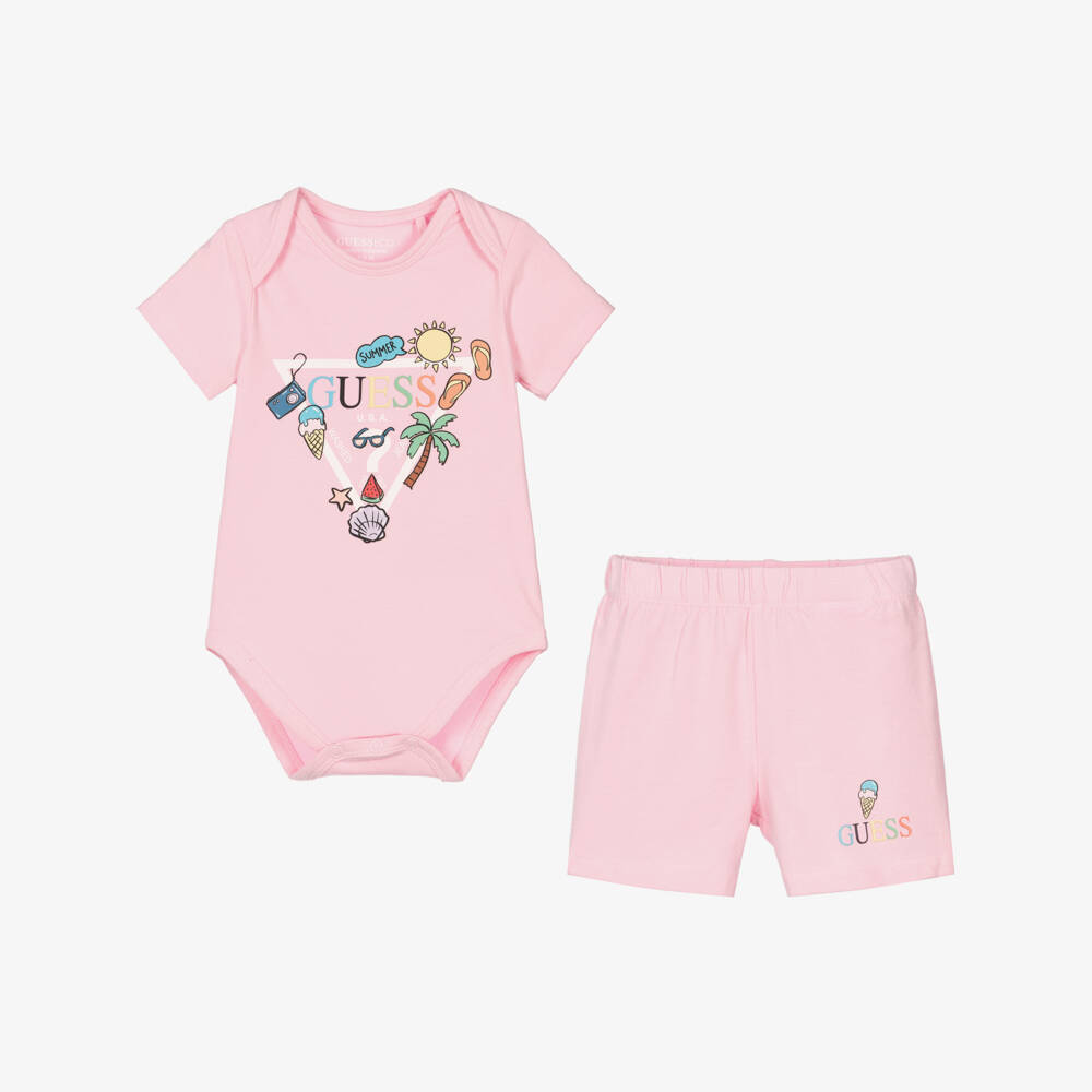 Guess-Baby Girls Pink Cotton Shorts Set with Summer Graphics | Childrensalon