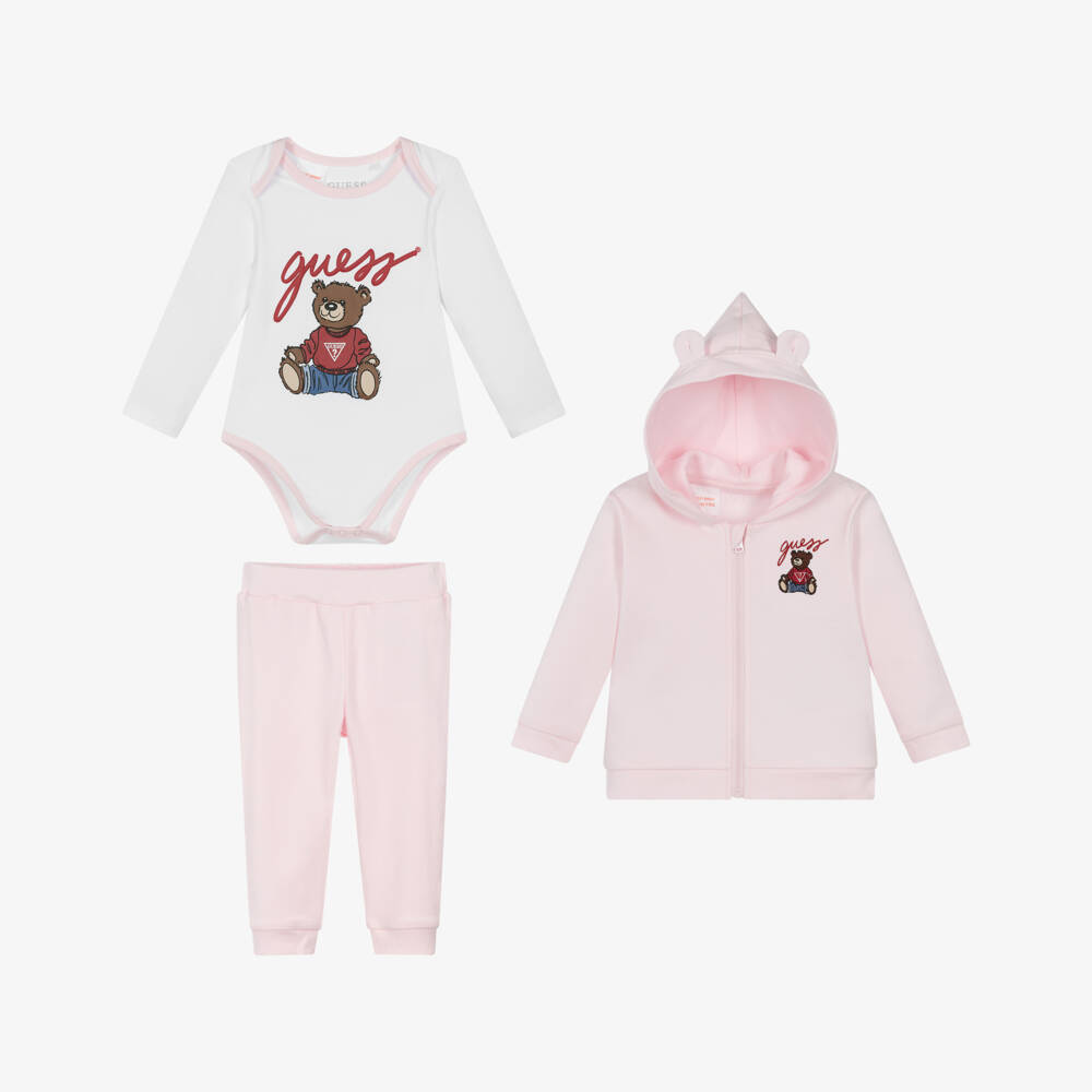 Guess-Baby Girls Pink Cotton Tracksuit Set with Teddy Mascot | Childrensalon