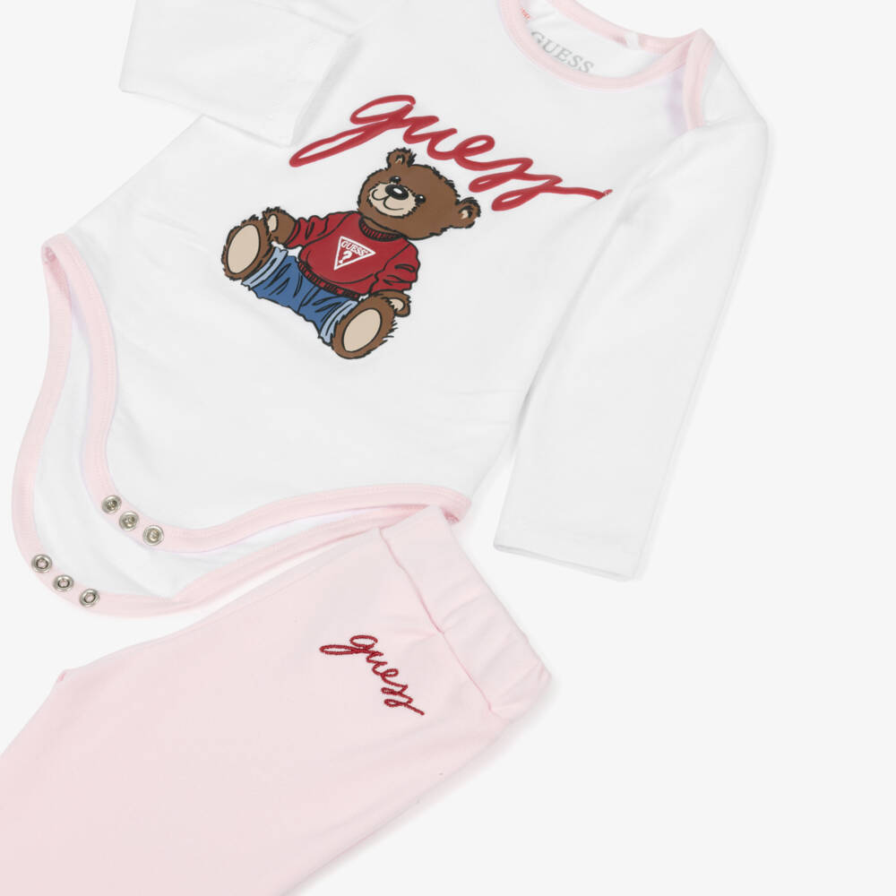 Guess-Baby Girls Pink Cotton Tracksuit Set with Teddy Mascot | Childrensalon