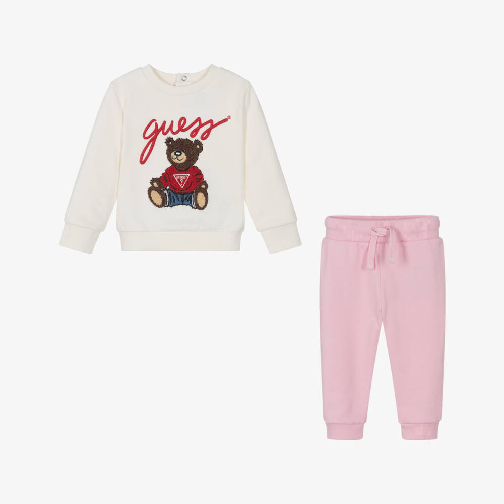 Guess-Baby Girls Pink Cotton Tracksuit with Embroidered Logo Bear | Childrensalon