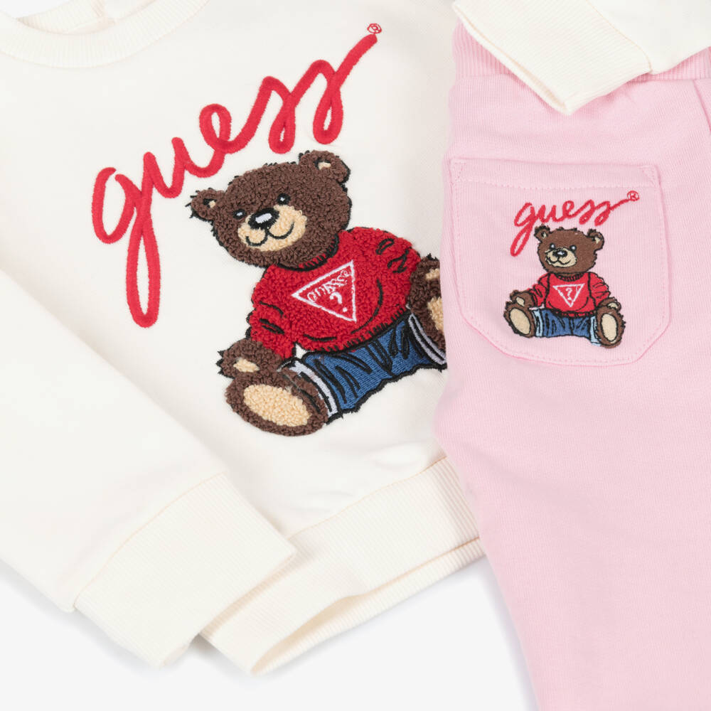 Guess-Baby Girls Pink Cotton Tracksuit with Embroidered Logo Bear | Childrensalon