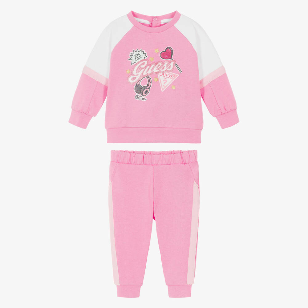 Guess-Baby Girls Pink Cotton Tracksuit with Glittery Graphics | Childrensalon