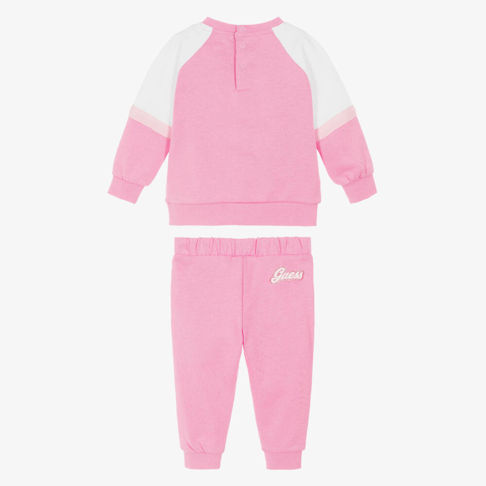 Guess-Baby Girls Pink Cotton Tracksuit with Glittery Graphics | Childrensalon