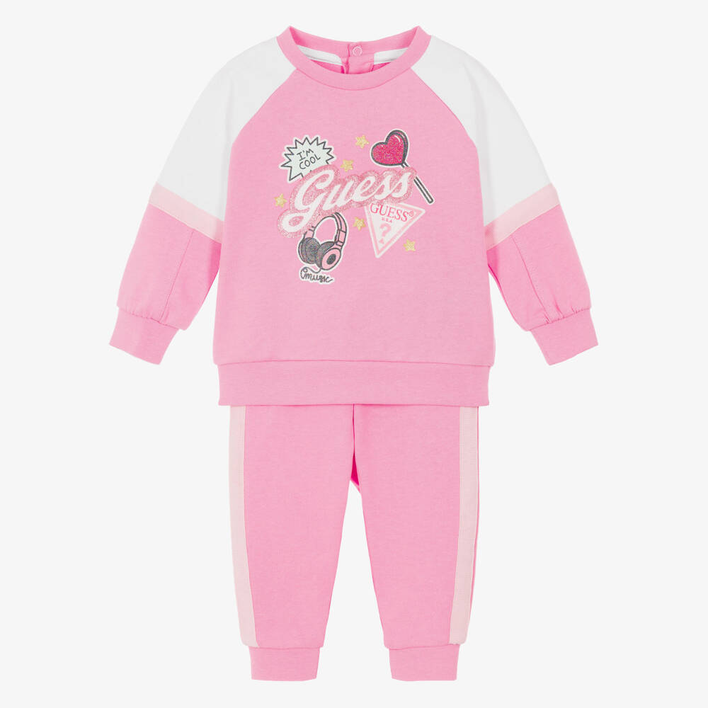Guess-Baby Girls Pink Cotton Tracksuit with Glittery Graphics  | Childrensalon