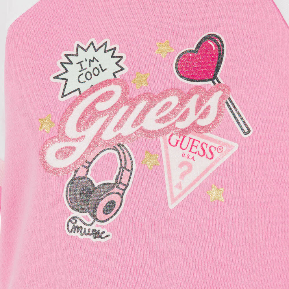 Guess-Baby Girls Pink Cotton Tracksuit with Glittery Graphics | Childrensalon
