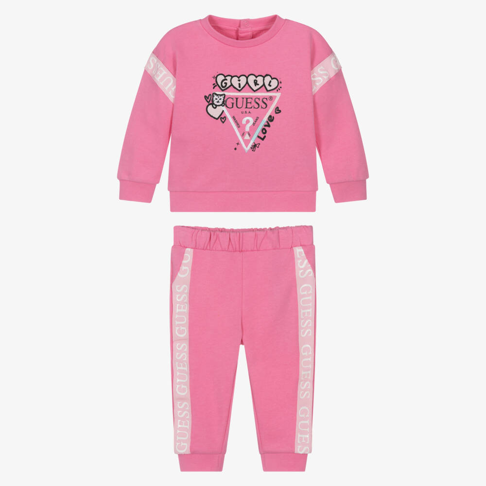 Guess-Baby Girls Pink Cotton Tracksuit with Logo Tape Trims | Childrensalon
