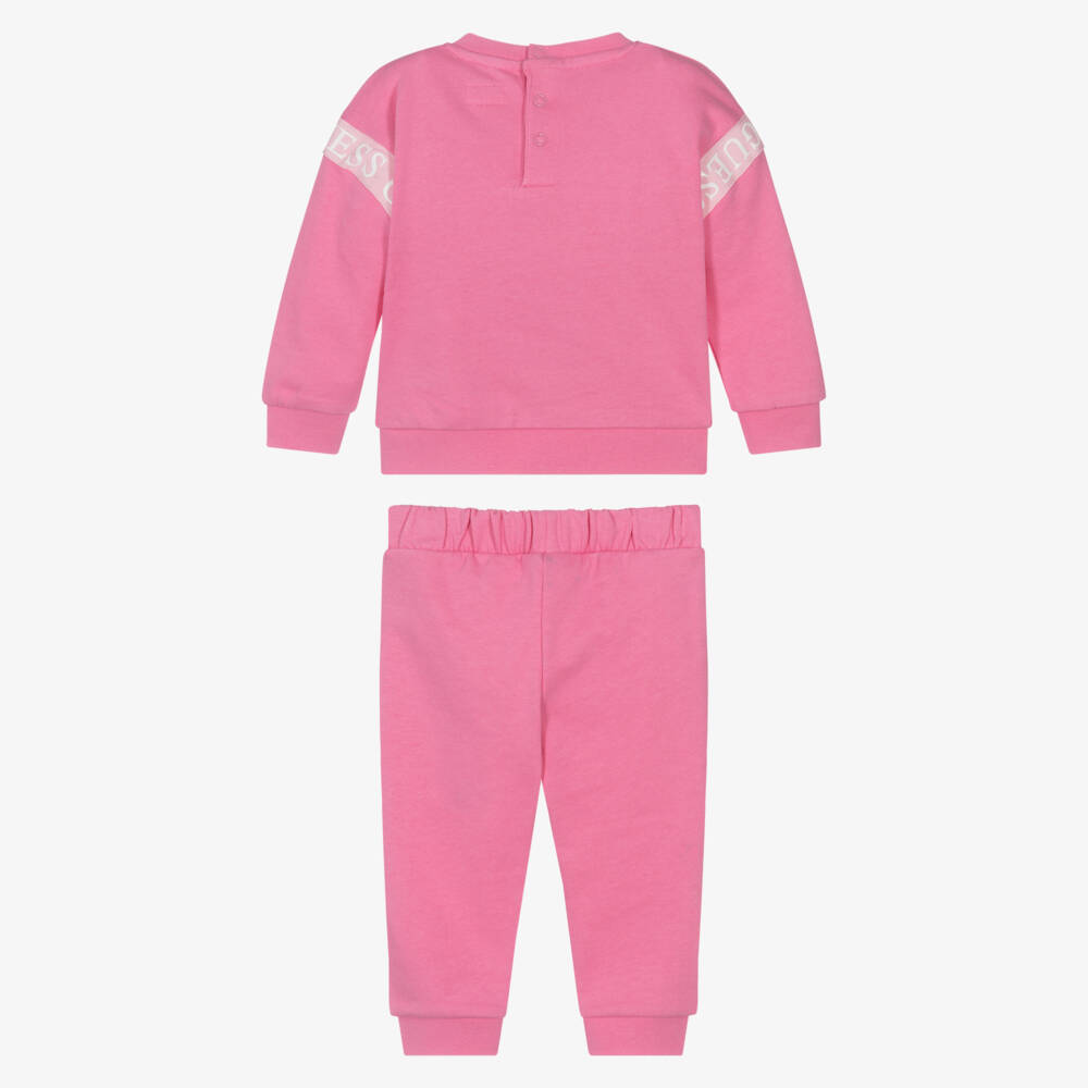 Guess-Baby Girls Pink Cotton Tracksuit with Logo Tape Trims | Childrensalon