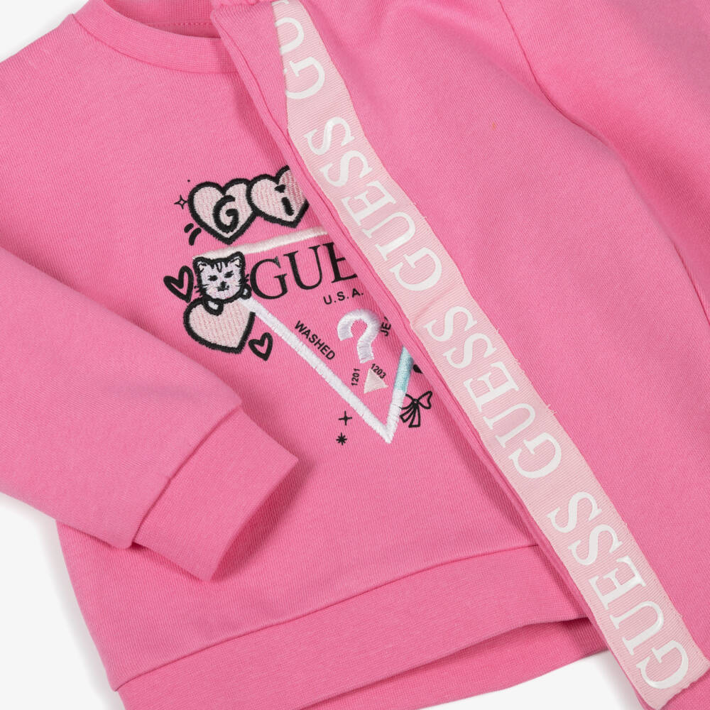 Guess-Baby Girls Pink Cotton Tracksuit with Logo Tape Trims | Childrensalon