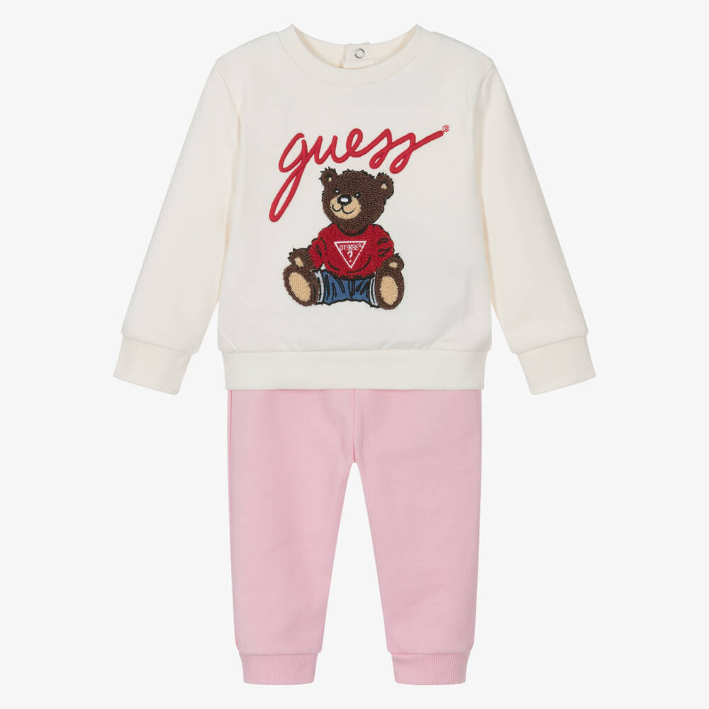 Guess-Baby Girls Pink Cotton Tracksuitt with Embroidered Logo Bear | Childrensalon