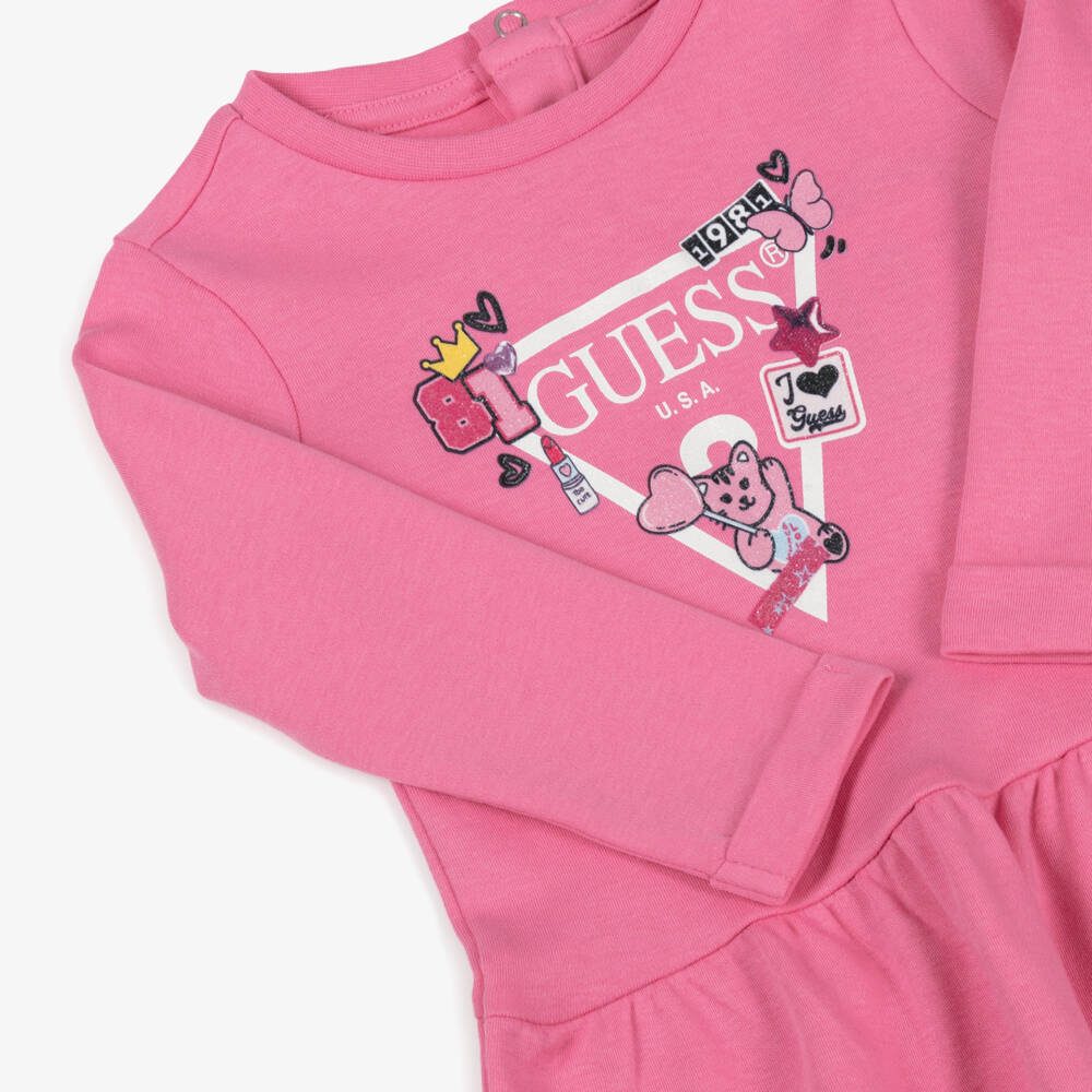Guess-Baby Girls Pink Cotton Triangle Logo Dress | Childrensalon