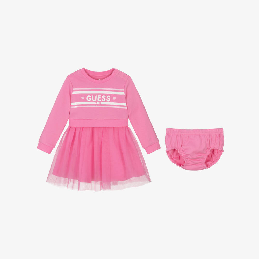 Guess-Baby Girls Pink Cotton & Tulle Glittery Logo Dress | Childrensalon